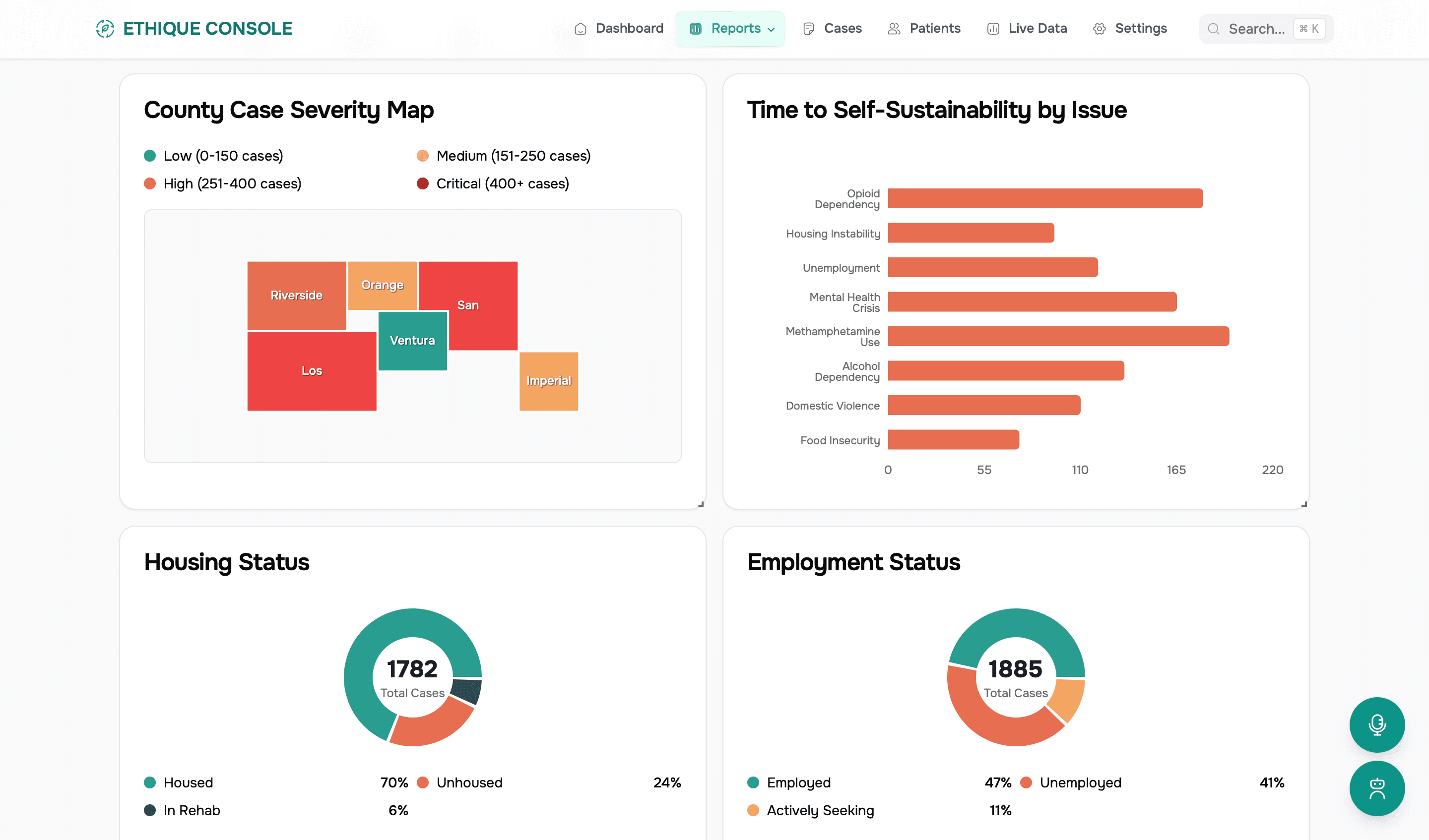 Ethique Executive Analytics Report showing comprehensive impact metrics, case outcomes, and data visualizations